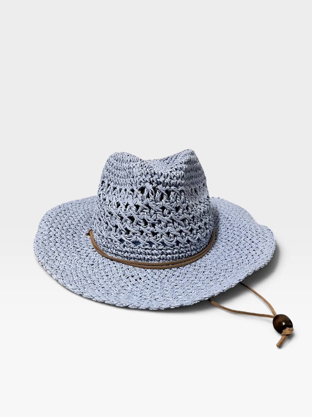 Vince Camuto Light Blue Crochet Straw Fedora with Chin Cord